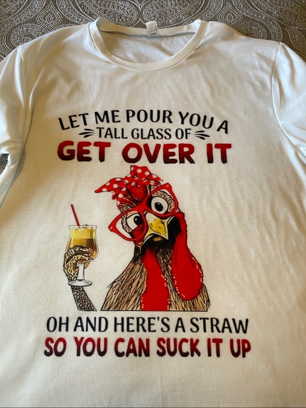 Women’s White Graphic Tee - Red Accented Chicken Design